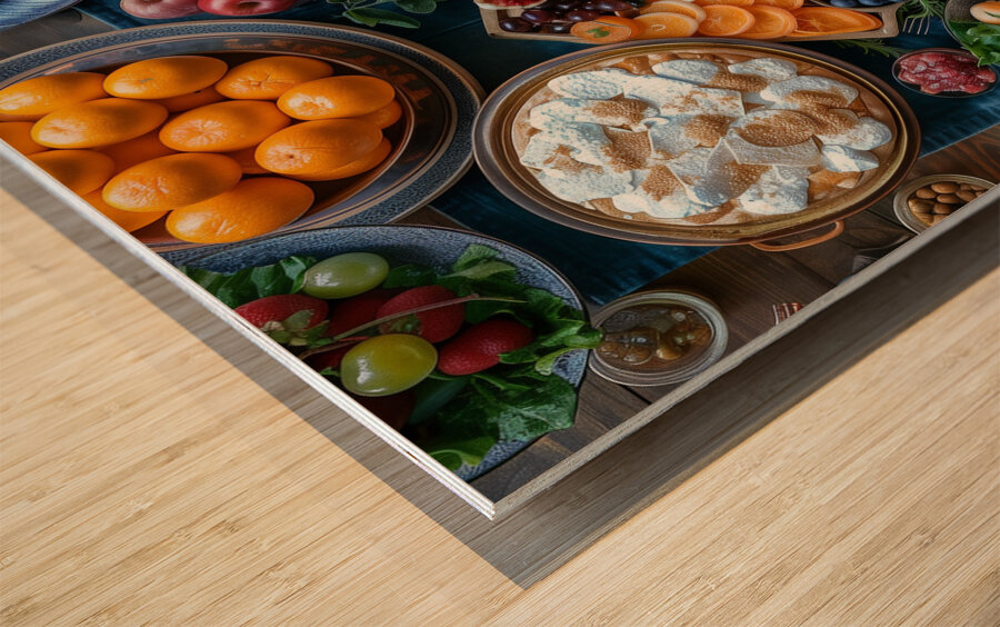 a top view of colorful table set with many diff 5 Wood print