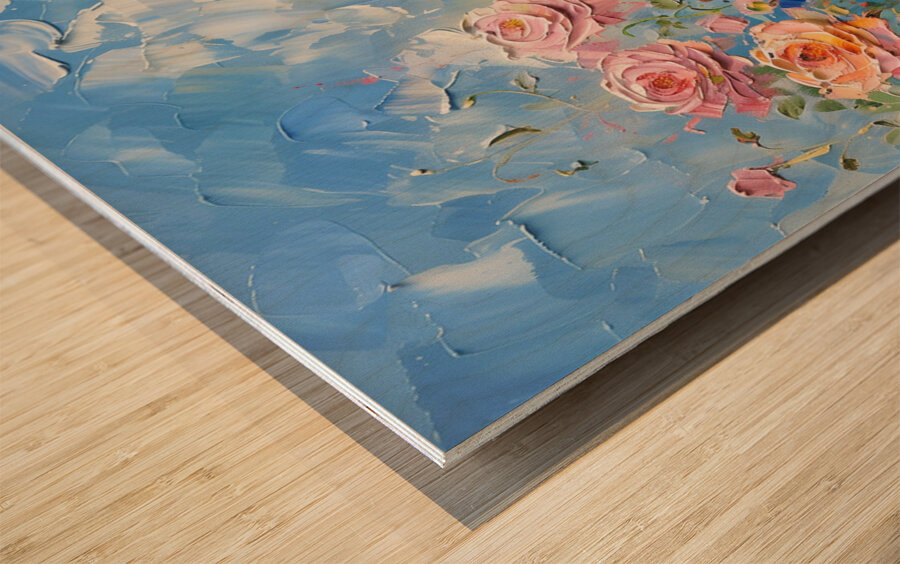 A tranquil garden scene adorned with blooming r 0 Wood print