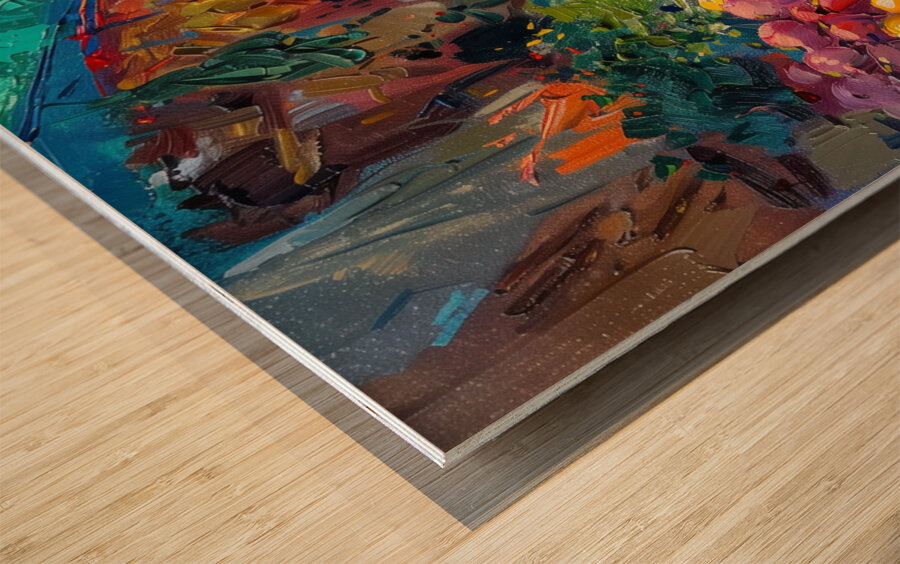 A vibrant market scene bustling with activity w f Wood print