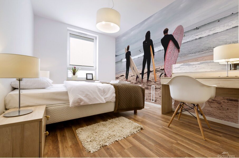 Three Surfers at Malibu with Text Mural print