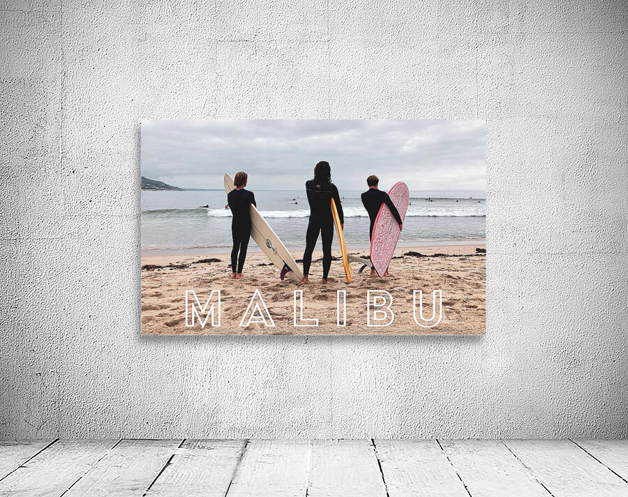 Three Surfers at Malibu with Text Wall Preview