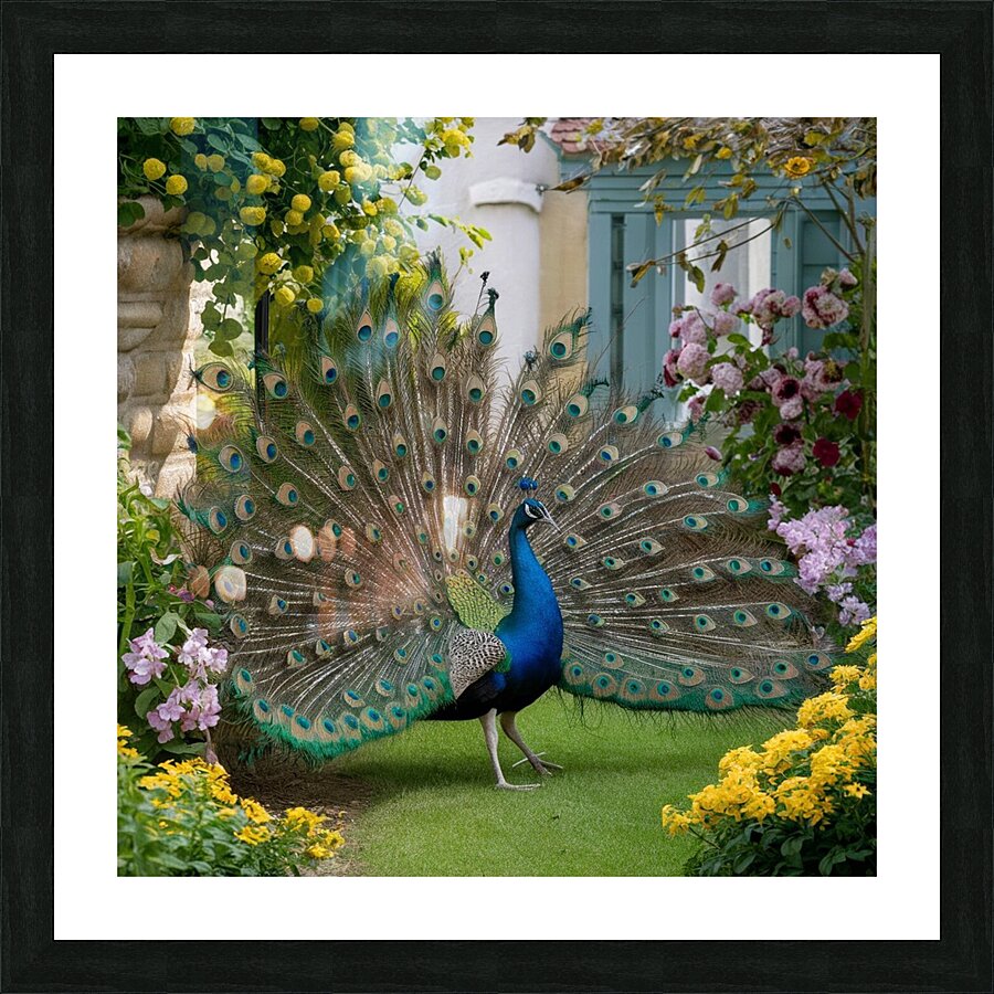  peacock spreading its wings in a beautiful  Picture Frame print