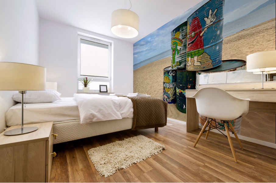 Painted Barrels on the Beach Mural print