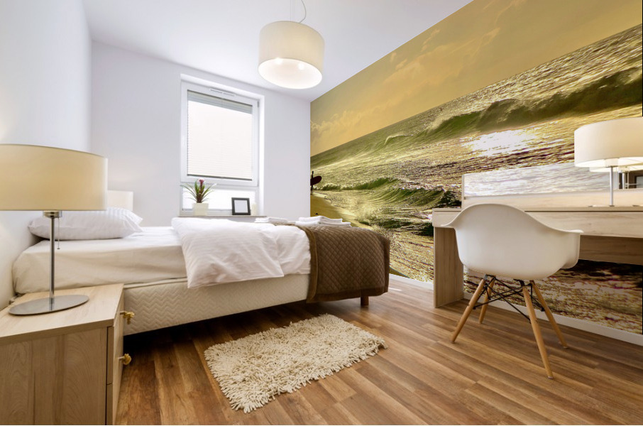 Surfer on the Beach at Sunset Mural print