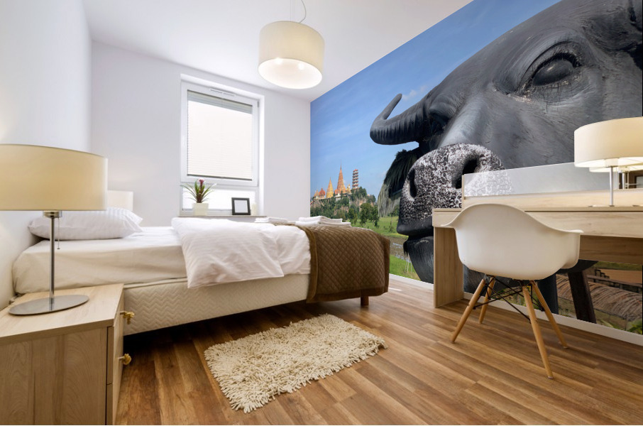 Water Buffalo Head in front of Temple Mural print