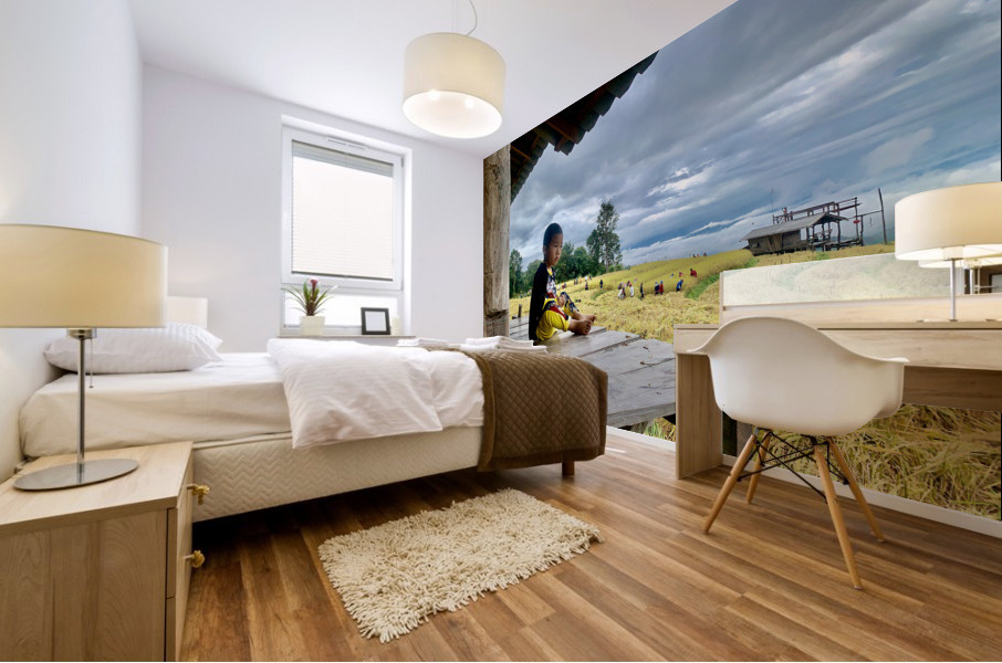 Boy Looking Over the Rice Field Mural print