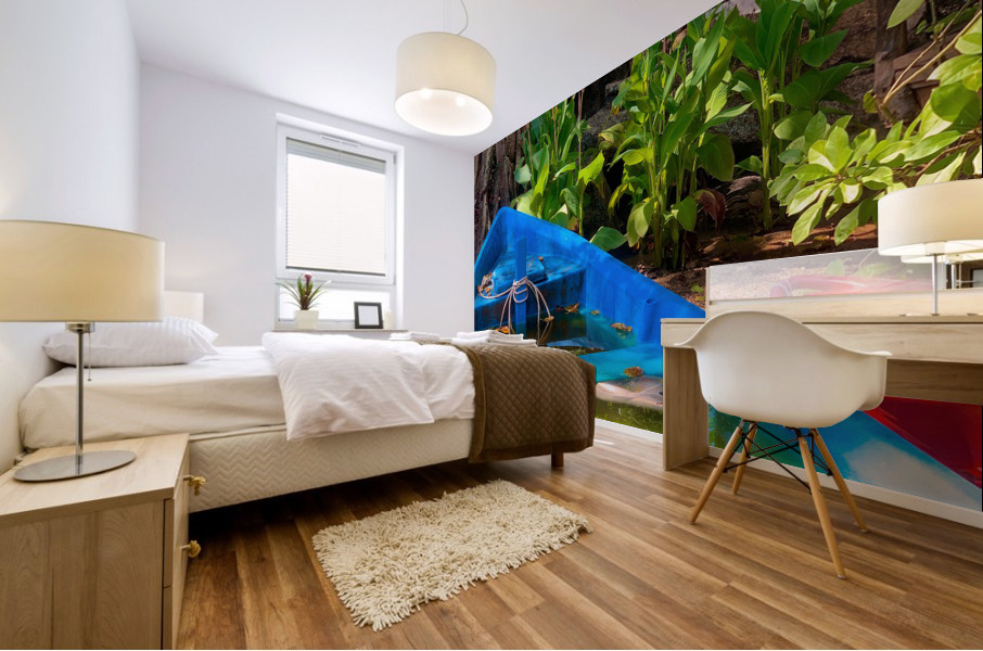 Blue  Green Boat Reflection with Flowers Impression murale