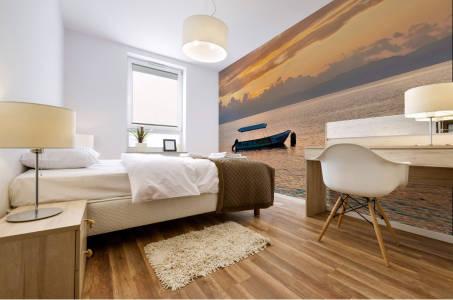 Lonely Boat at Sunset Mural print