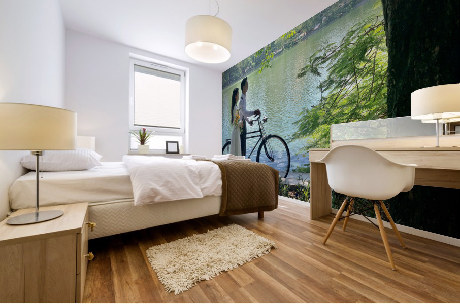 Newlyweds by the Lake with a Bicycle Mural print