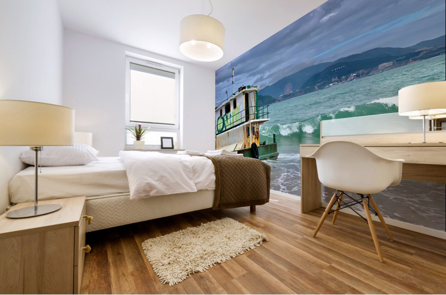 Green Boat on the Beach Mural print