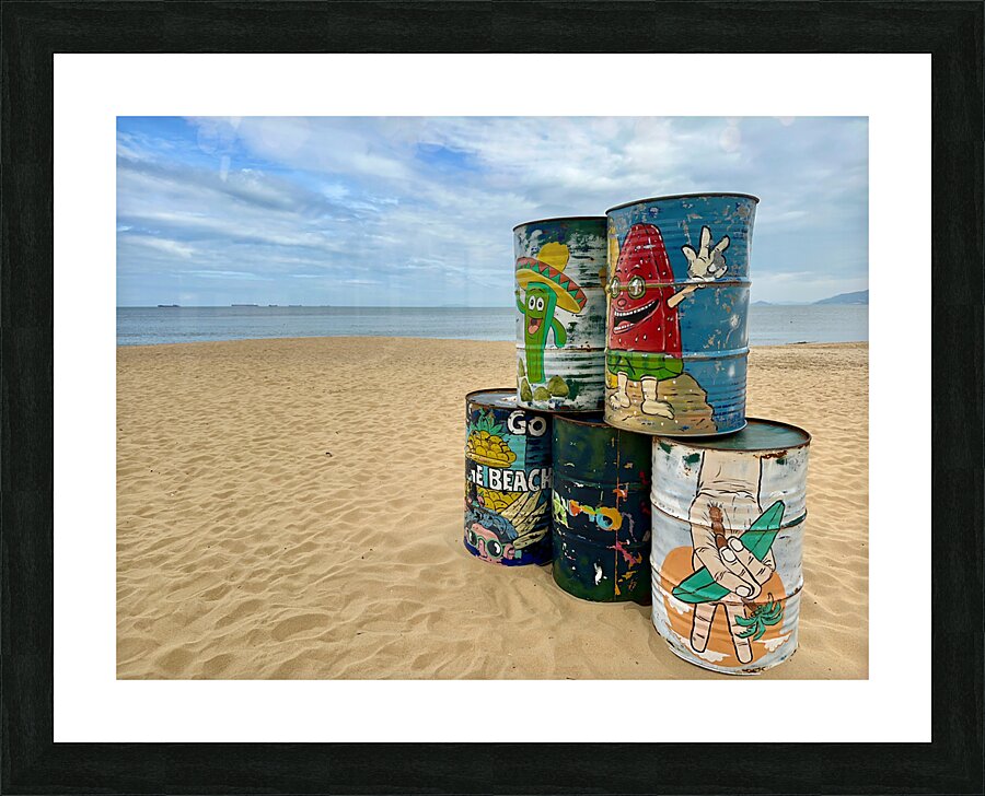 Painted Barrels on the Beach Picture Frame print