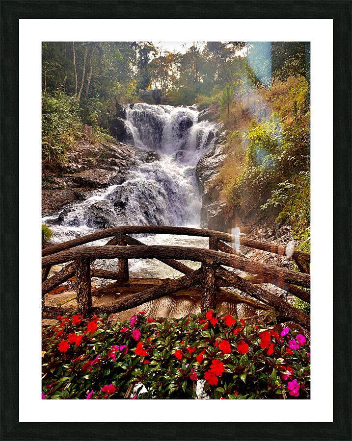 Waterfall and Red Flowers Picture Frame print
