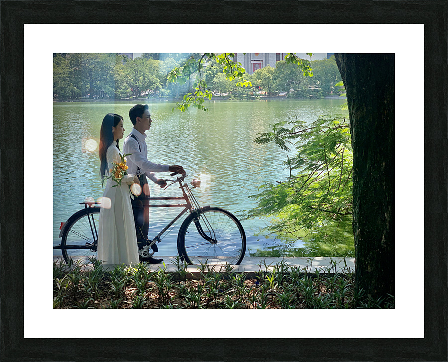 Newlyweds by the Lake with a Bicycle Picture Frame print
