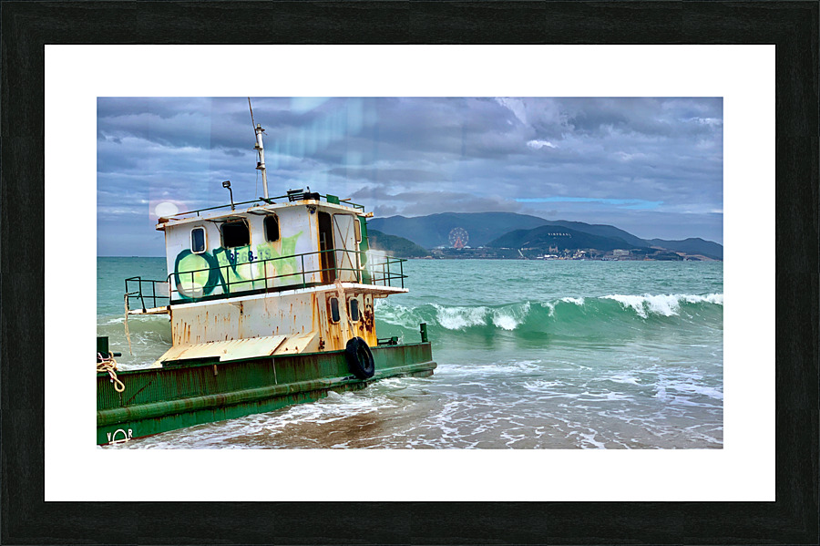 Green Boat on the Beach Picture Frame print