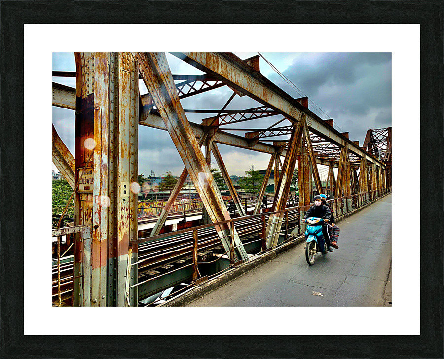 Crossing the Bridge on a Motorbike Picture Frame print
