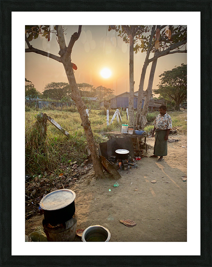 Cooking outside in Myanmar at Sunset Picture Frame print