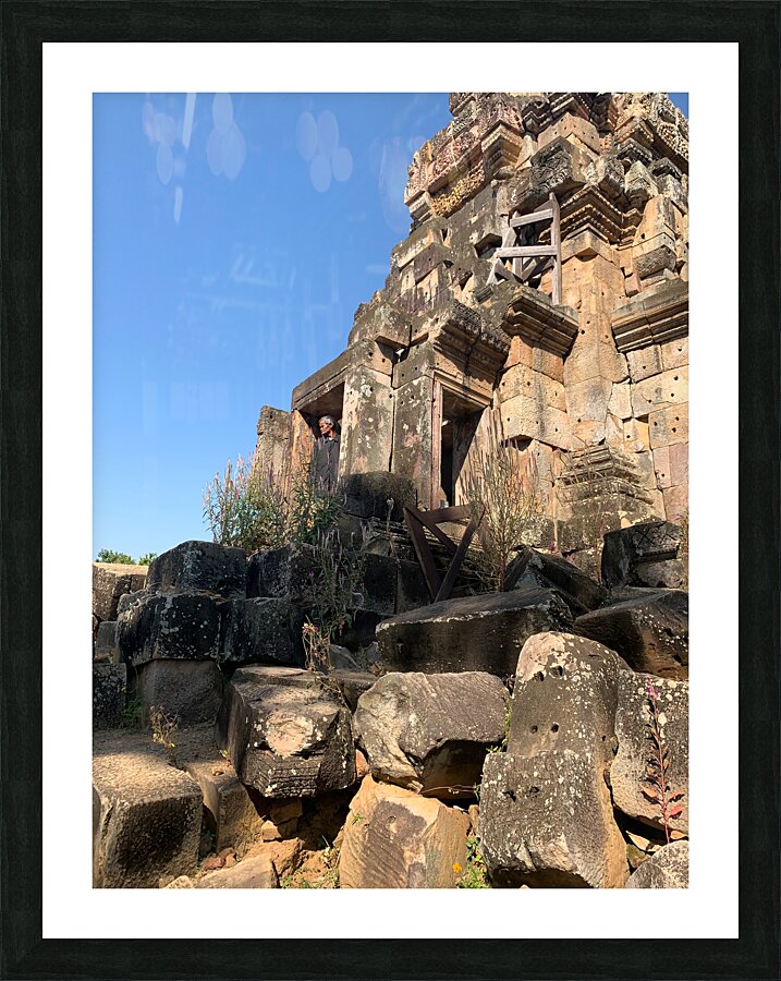 Man Looking Outside of Old Temple Picture Frame print
