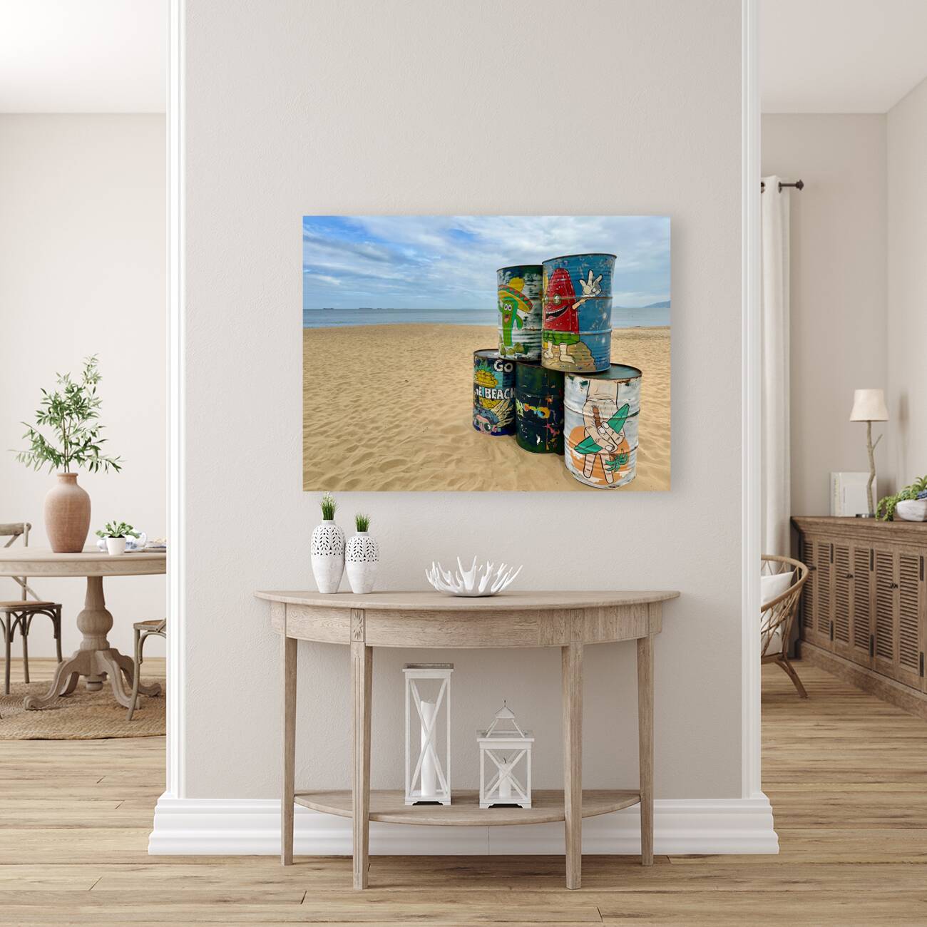 Painted Barrels on the Beach Reproduction