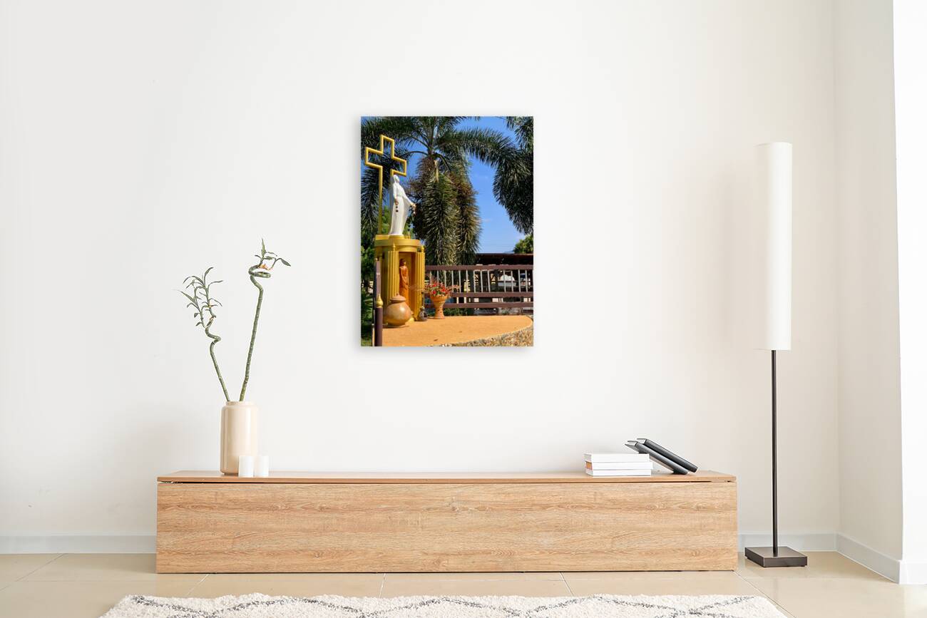 Mary’s Statue in front of the Cross Reproduction