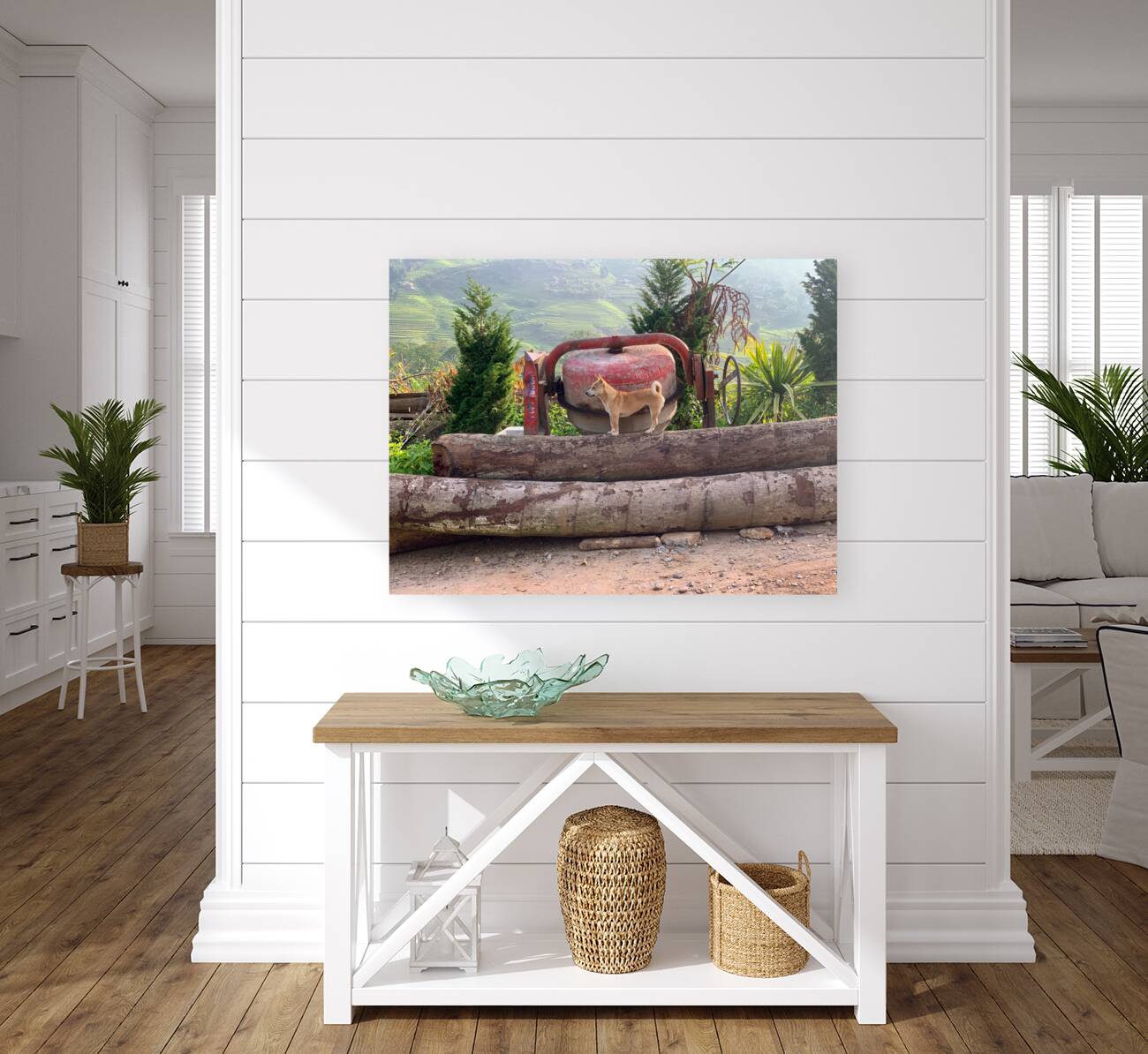 Dog Standing on Wood Reproduction