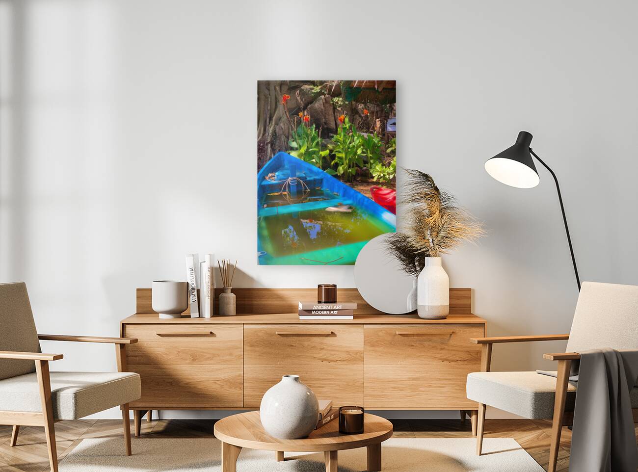 Blue  Green Boat Reflection with Flowers Reproduction