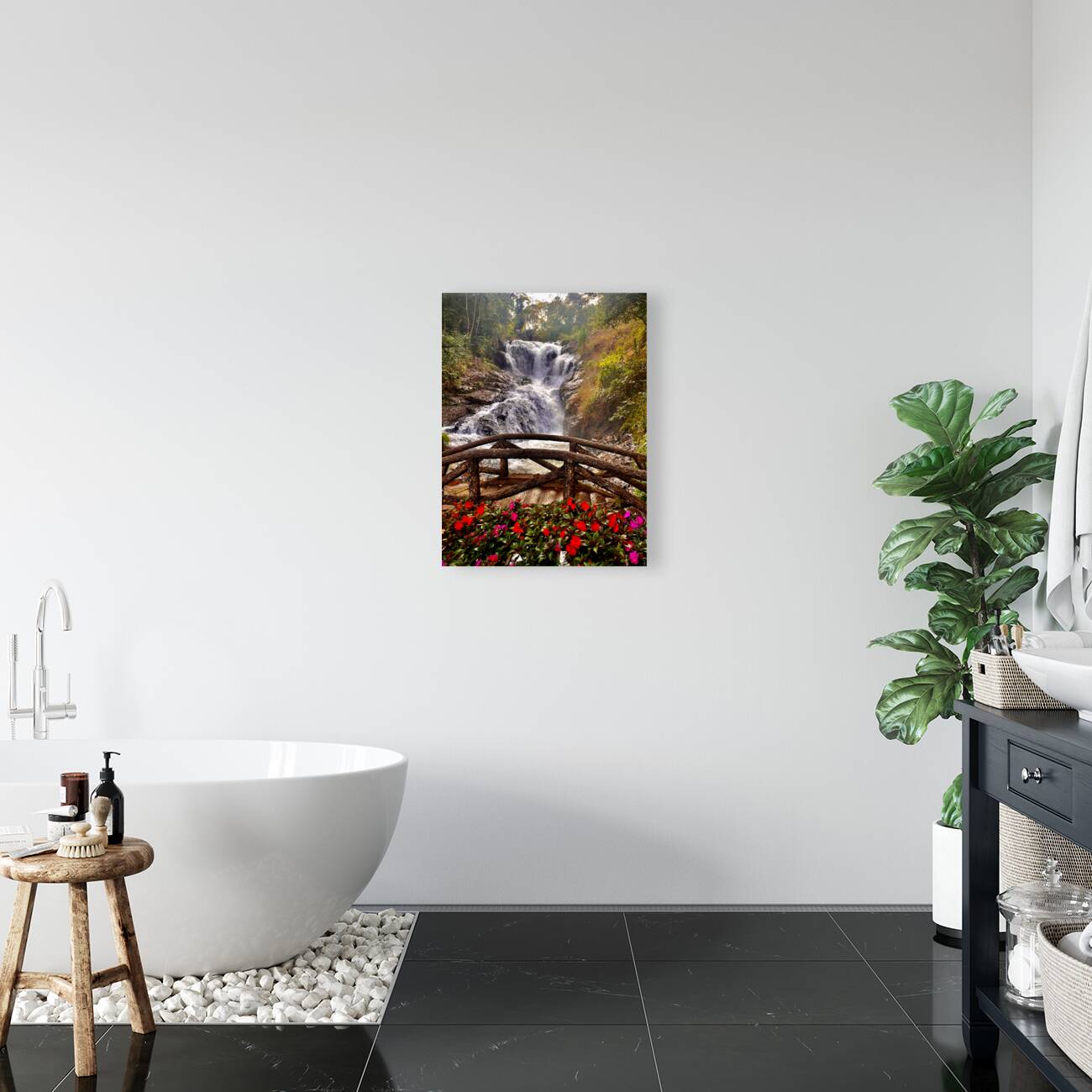 Waterfall and Red Flowers Reproduction