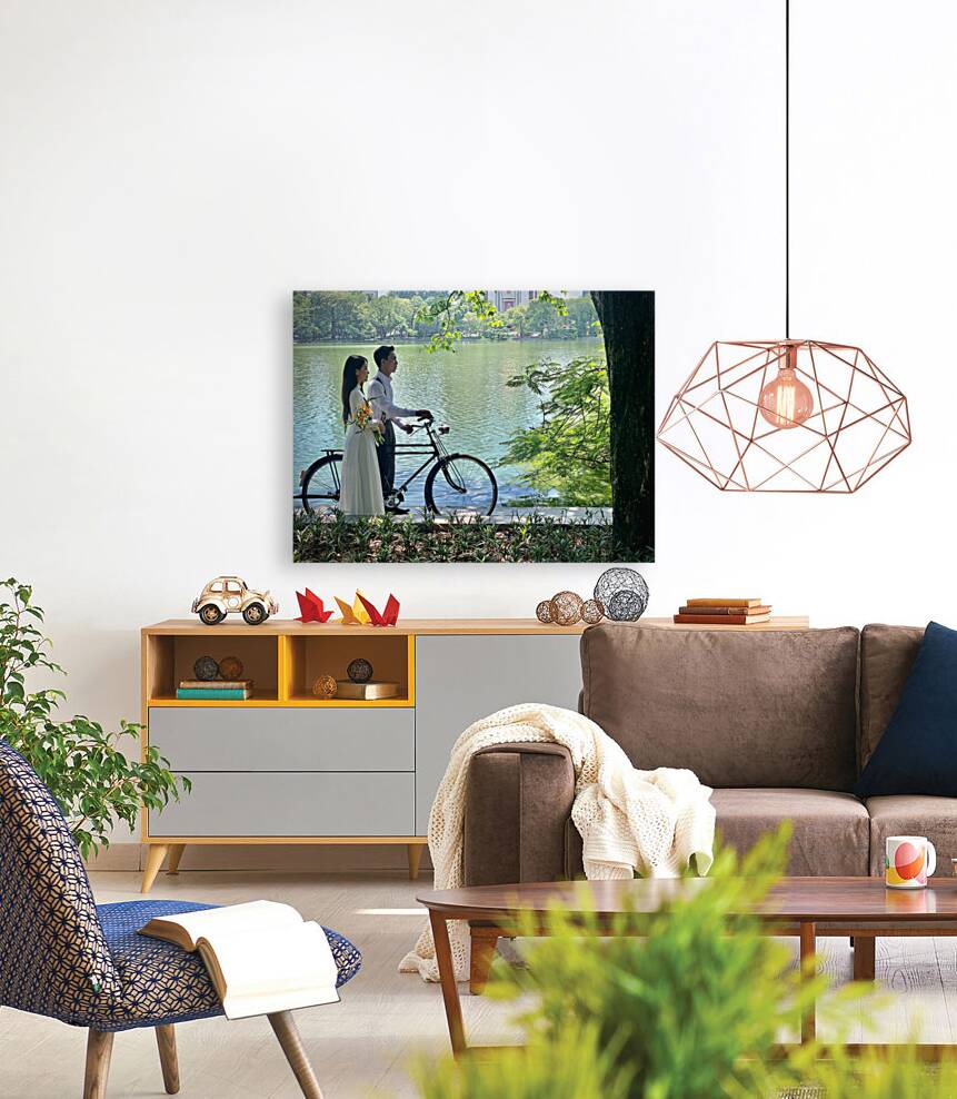 Newlyweds by the Lake with a Bicycle Reproduction