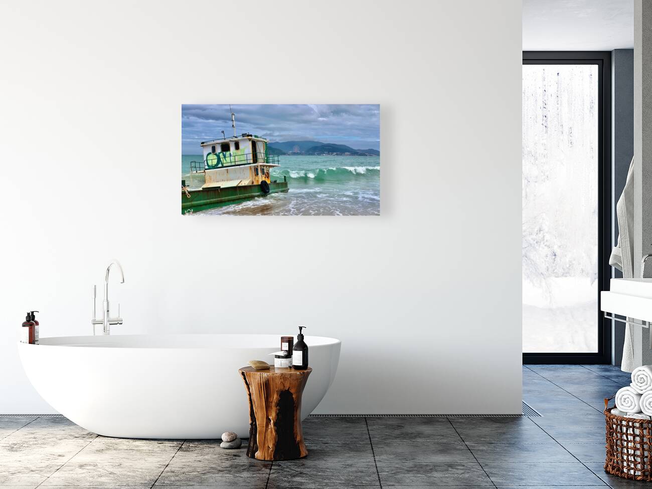 Green Boat on the Beach Reproduction