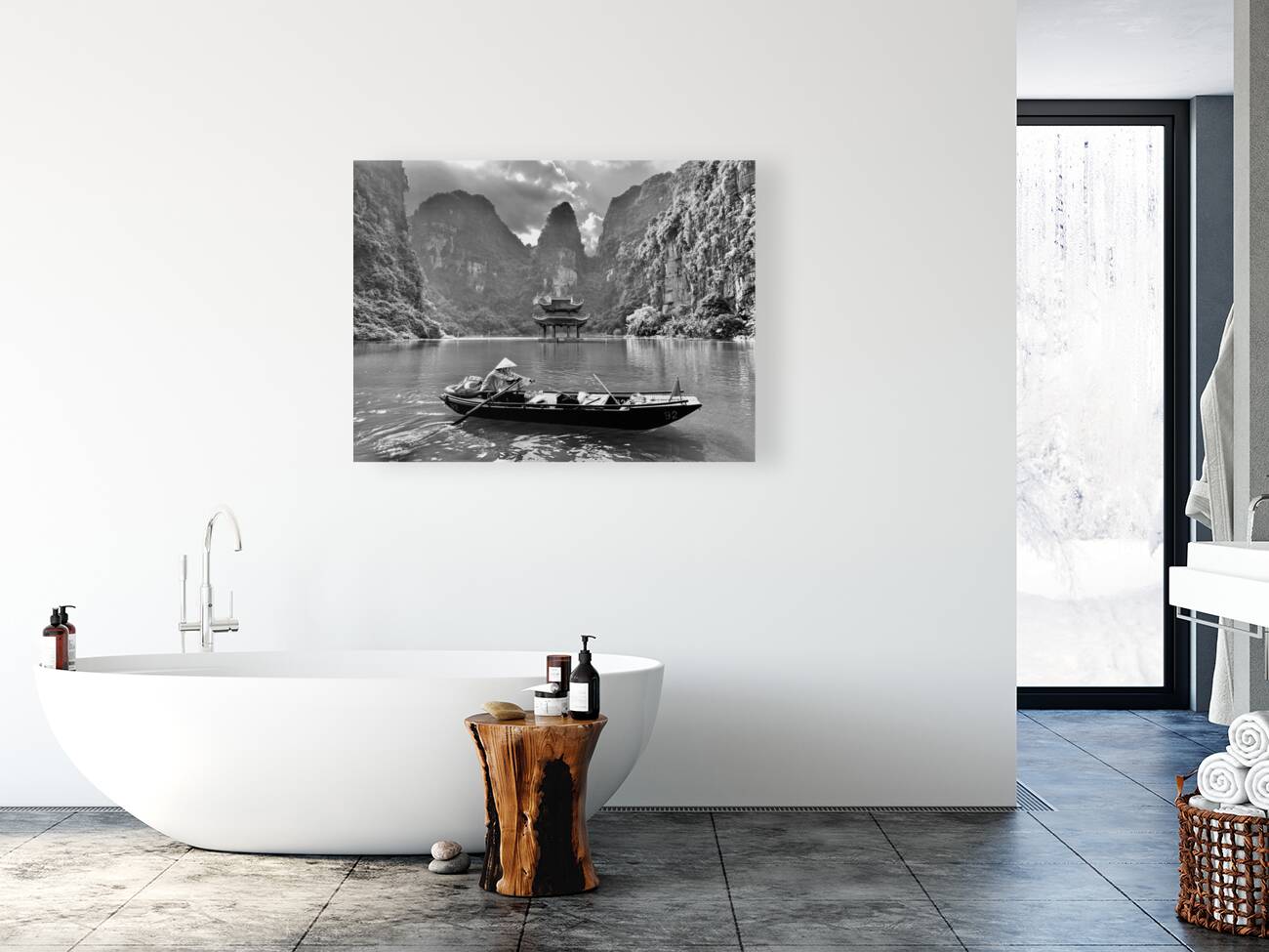 BW Lady Rowing the Boat in Vietnam Reproduction