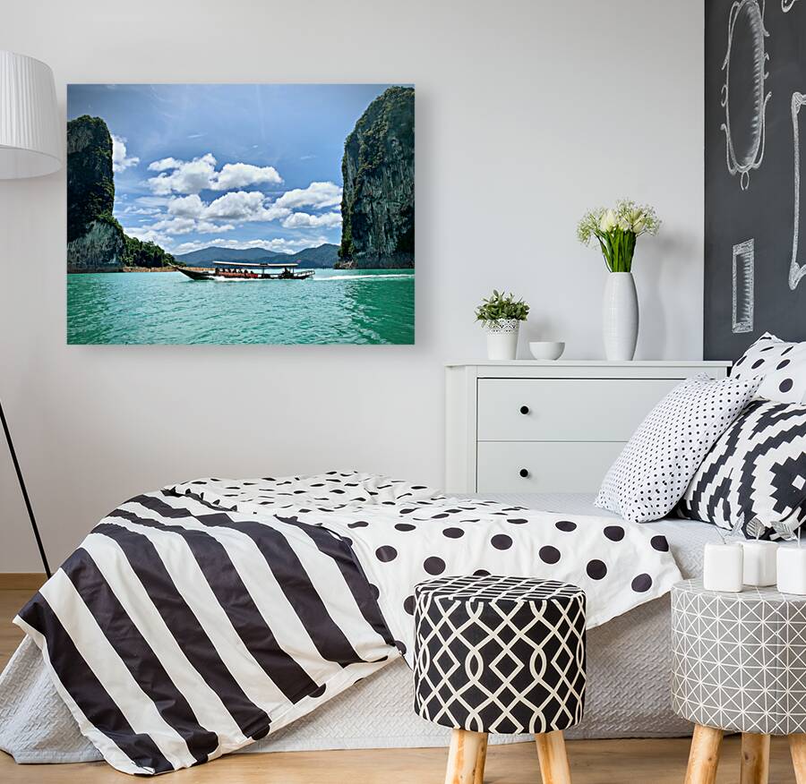 Boat Between Massive Rocks Reproduction