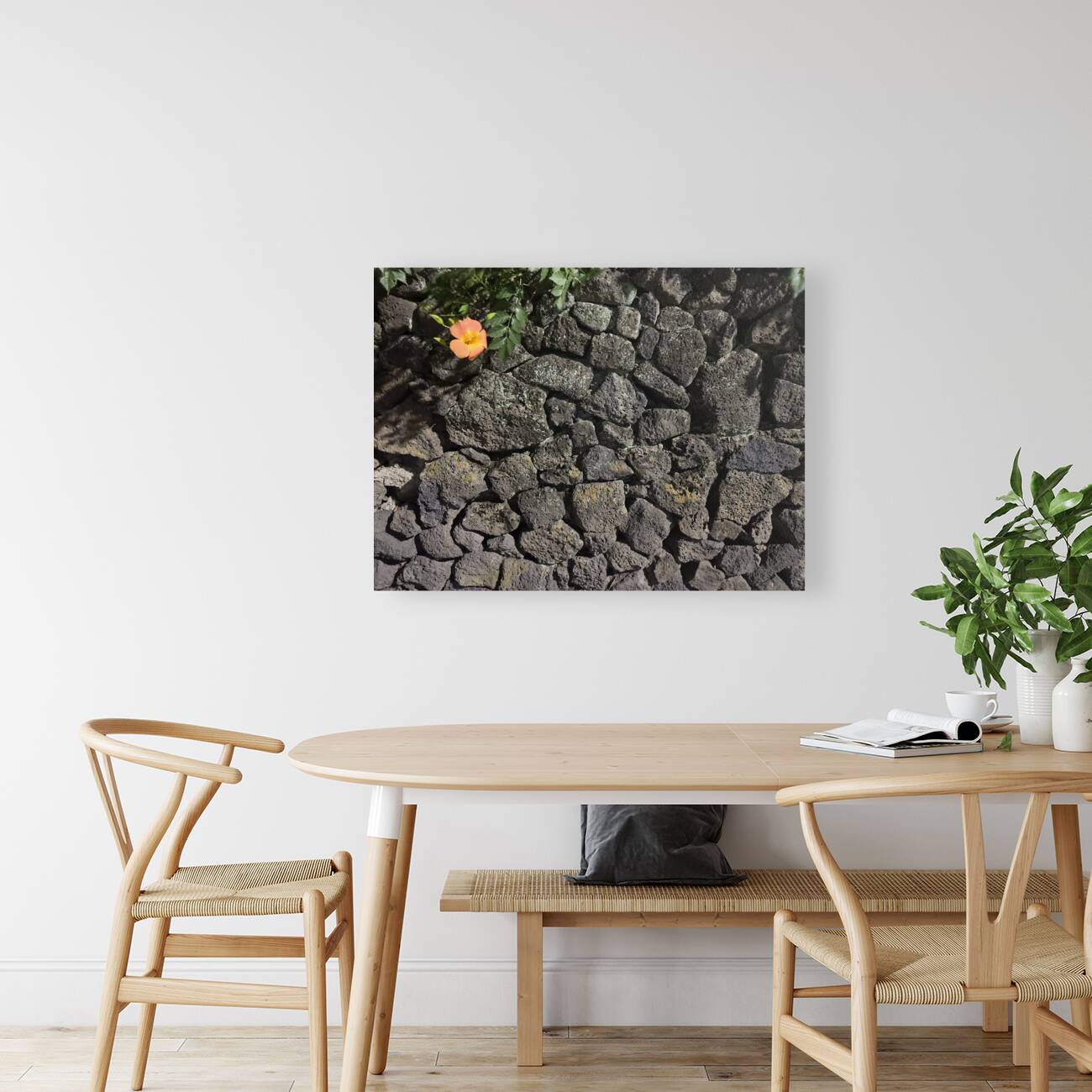 The Black Wall and the Orange Flower Jeju Korea Reproduction