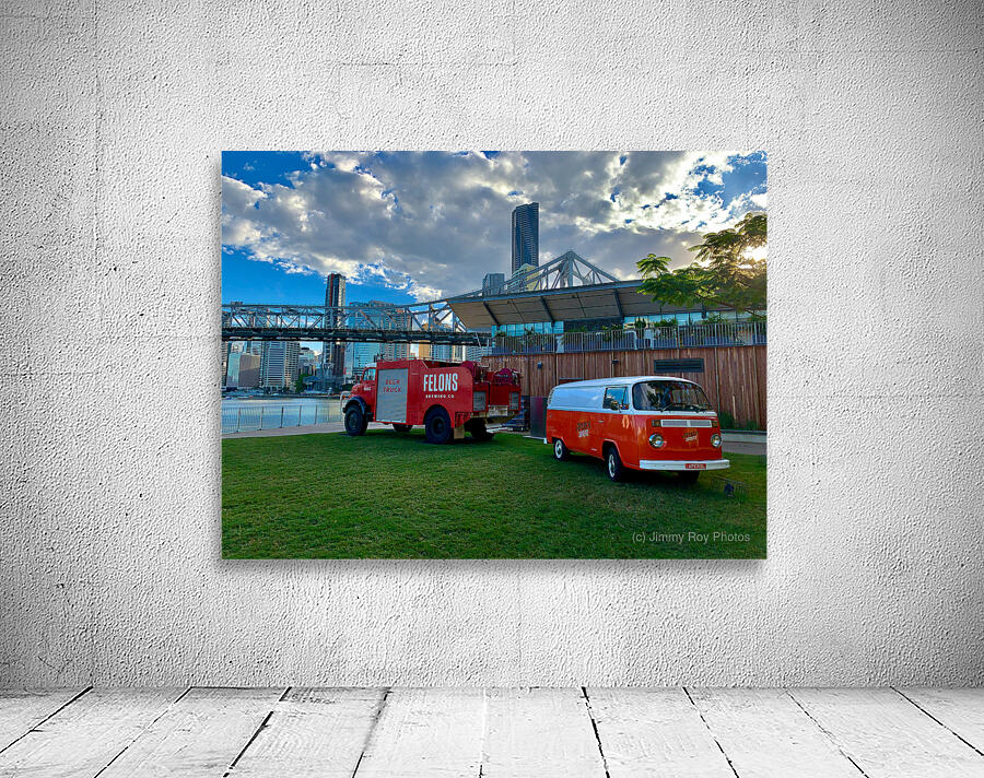 Red Trucks in Front of the Bridge Wall Preview