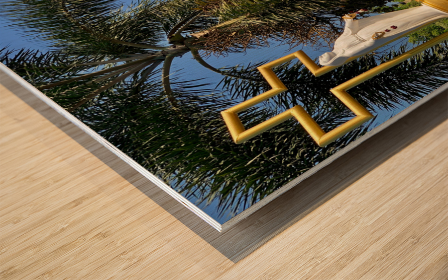 Mary’s Statue in front of the Cross Wood print