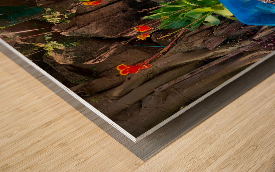 Blue  Green Boat Reflection with Flowers Impression sur bois