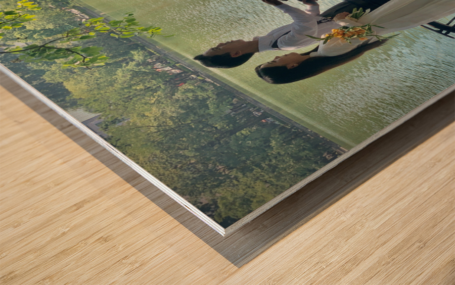 Newlyweds by the Lake with a Bicycle Wood print