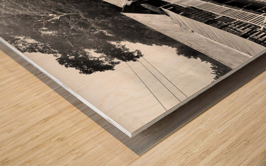 BW Covered Bridge Reflections Wood print