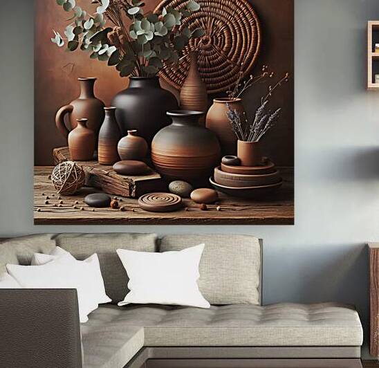 Rustic Boho Pottery Still Life – Earth Tone Ceramic Wall Art by Pure Prestige