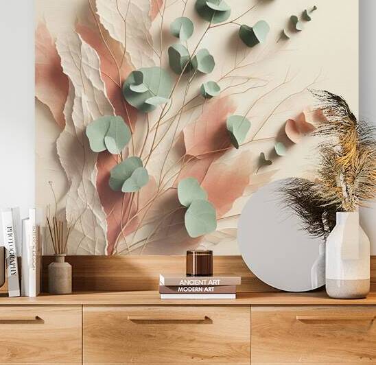 Botanical Whispers: Minimalist Eucalyptus and Terra Cotta Leaf Composition by Pure Prestige