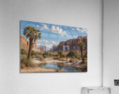 Serene Desert Landscape with Palm Trees and Stream Acrylic Print