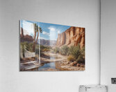 Serene Desert Landscape with Stream and Palm Trees Acrylic Print