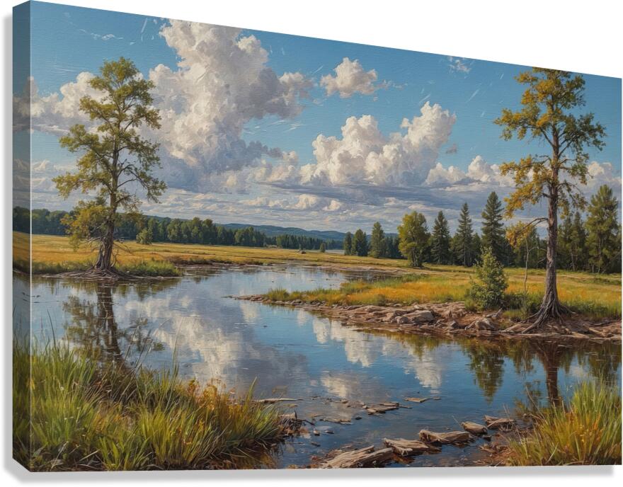 Tranquil River Landscape with Reflections Canvas Print
