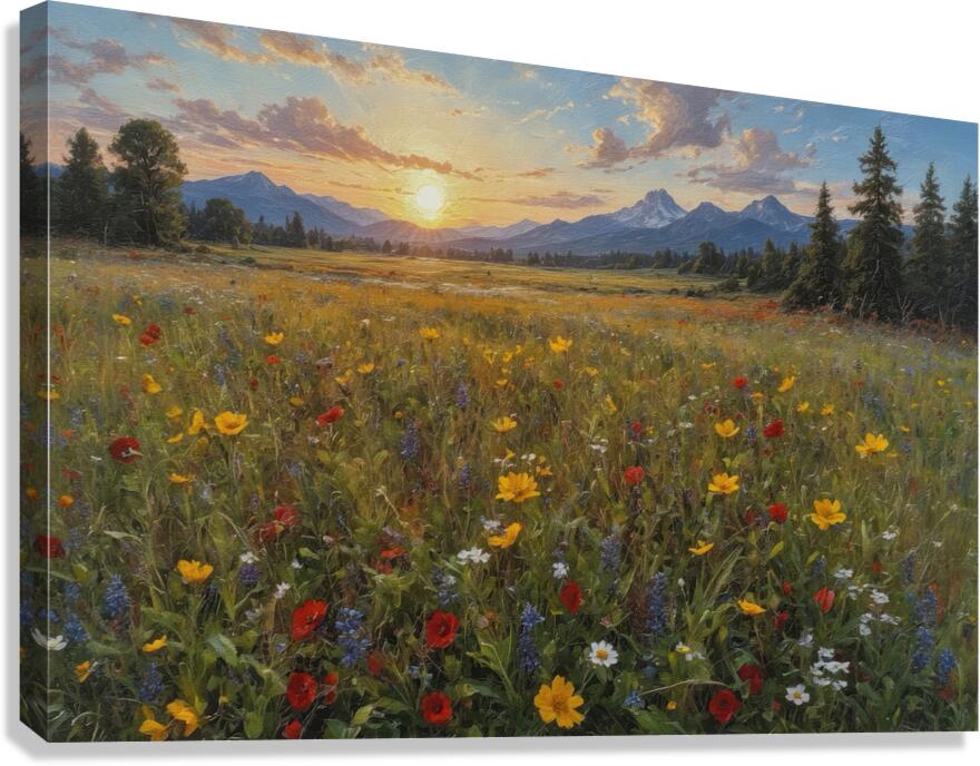 Vibrant Wildflower Field at Sunset Canvas Print