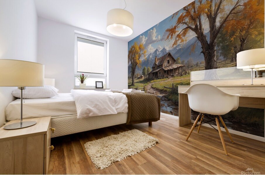 Charming Autumn Landscape with Rustic House Mural print