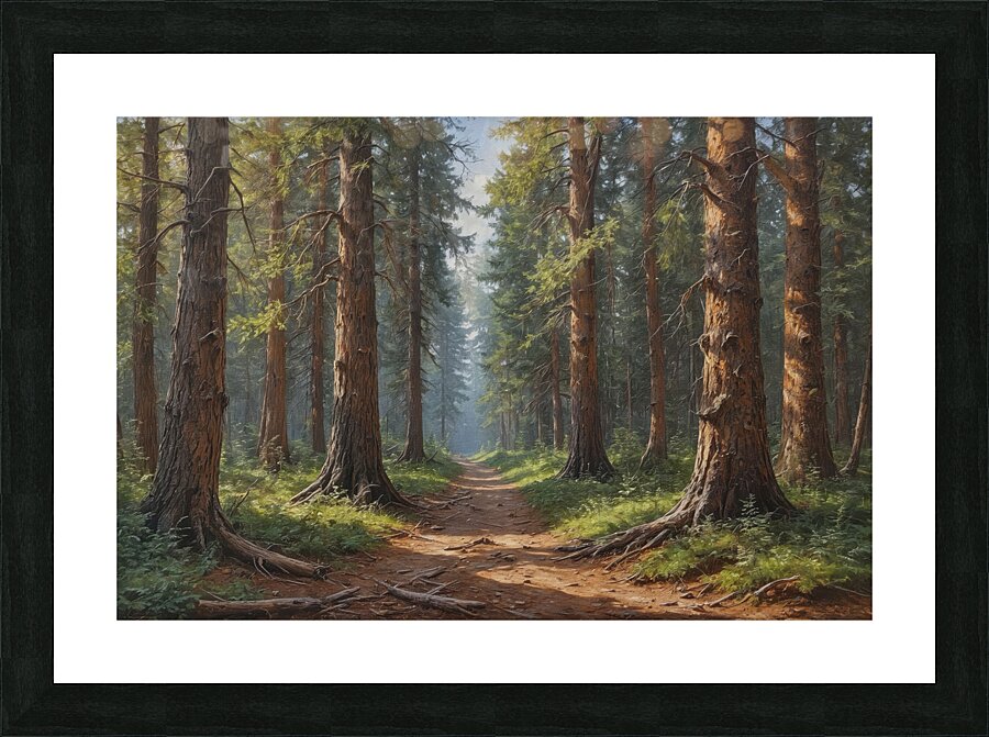 Serene Forest Pathway with Tall Pine Trees Picture Frame print