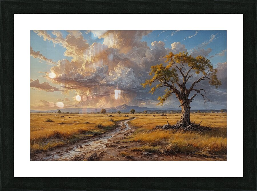 Lone Tree in a Golden Landscape at Sunset Picture Frame print