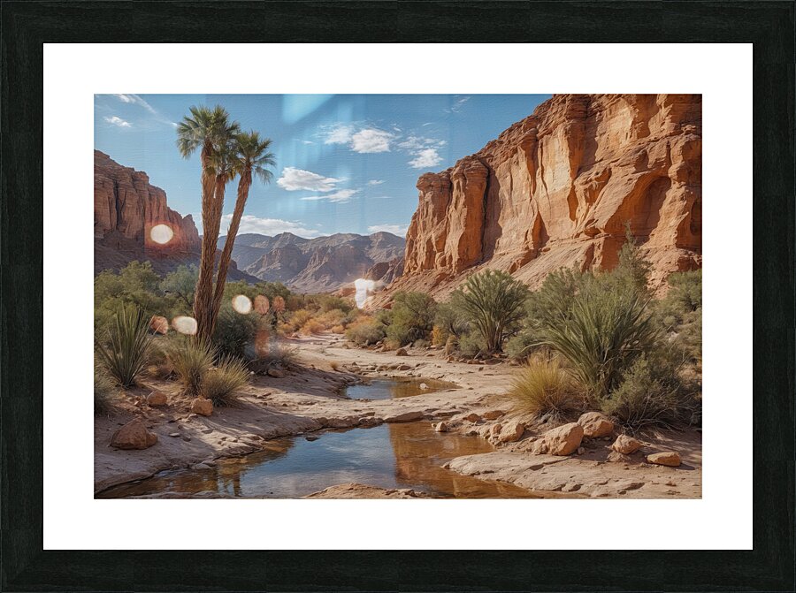 Serene Desert Landscape with Stream and Palm Trees Picture Frame print
