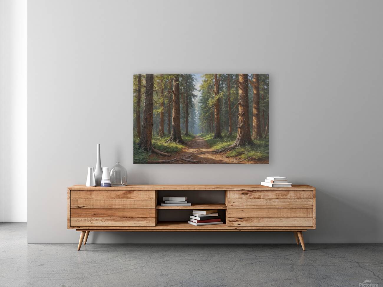 Serene Forest Pathway with Tall Pine Trees Reproduction