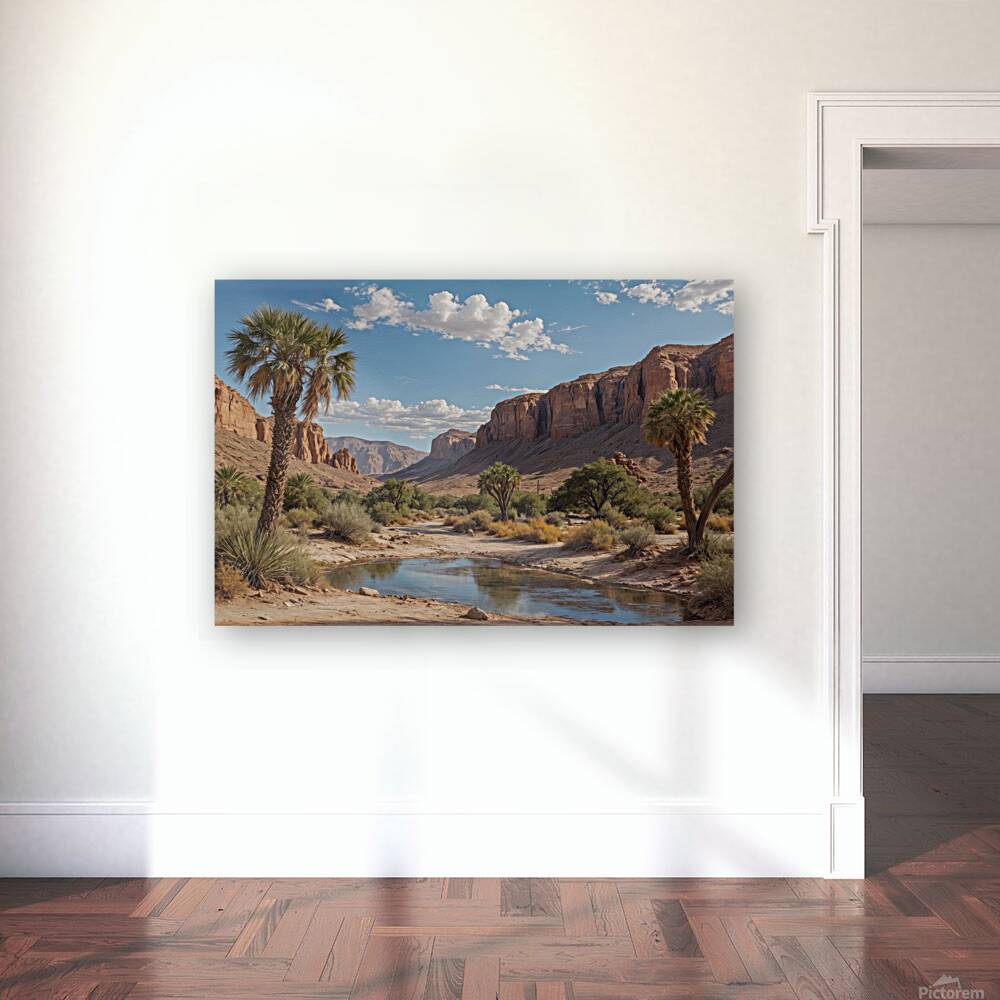 Serene Desert Landscape with Palm Trees and Stream Reproduction