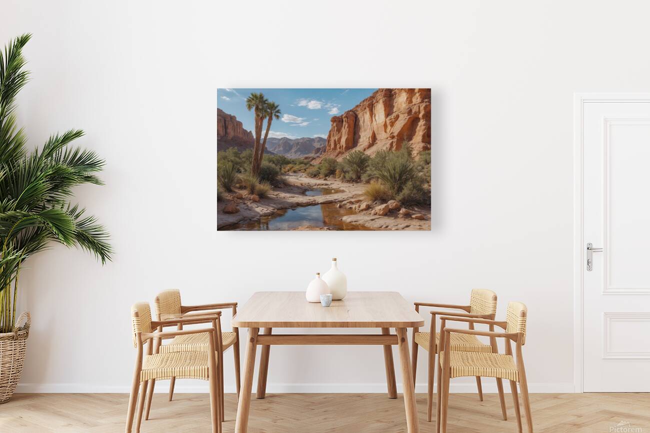 Serene Desert Landscape with Stream and Palm Trees Reproduction
