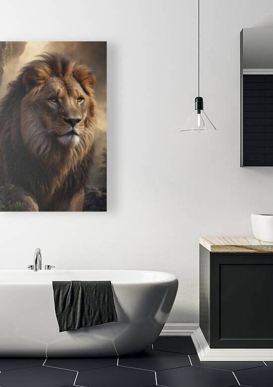 Majestic Lion Portrait in Misty Landscape by Wildscape Creations